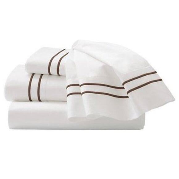 Home Decorators Twin Sheet Set Pillow Case Brown Embroidery White Cotton Bedding - Picture 2 of 7